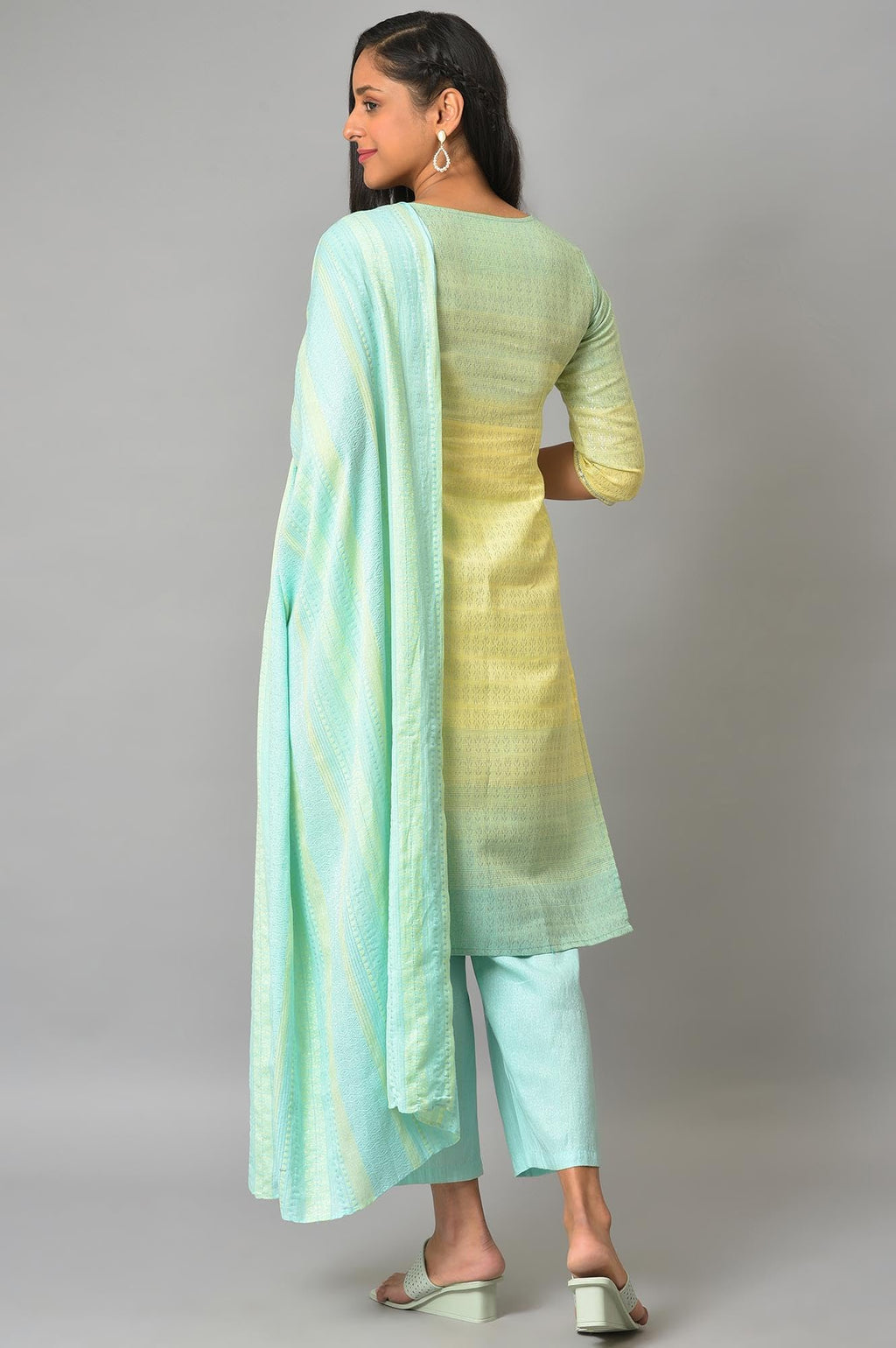 Yellow Embroidered Yarn-Dyed Kurta With Blue Narrow Palaza And Dupatta