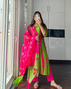 ANNI DESIGNER Womens Cotton Blend Straight Printed Kurta with Pant & Dupatta (SIBORI-Methi-PAC_L_Green_Large)
