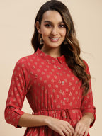 Rangita Red Rayon Calf Length Printed Flared Kurti For Women | Kurta For Women