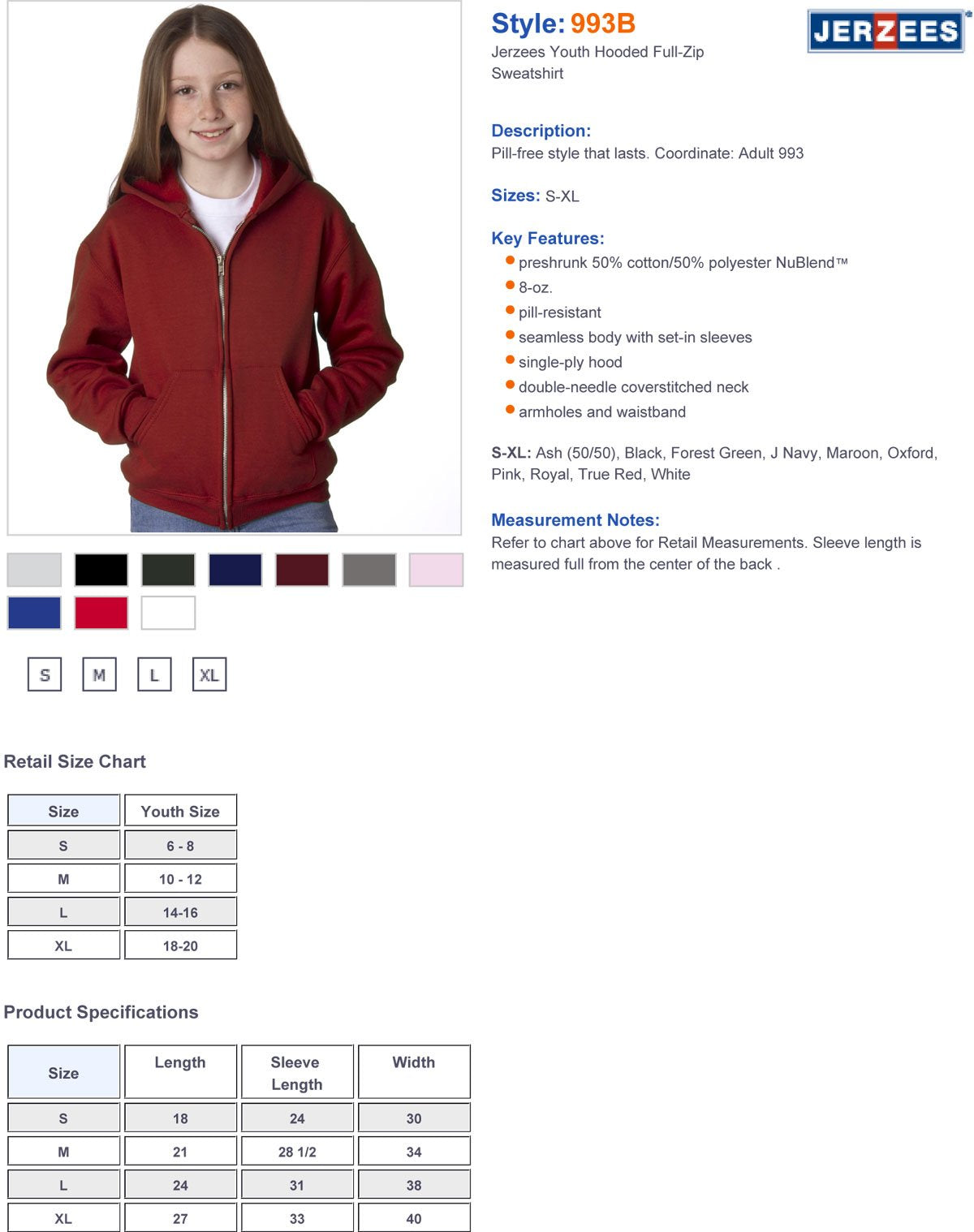 Youth 8 oz NuBlend Fleece Full-Zip Hooded Sweatshirt - J NAVY - L(D0102HI3FXg)