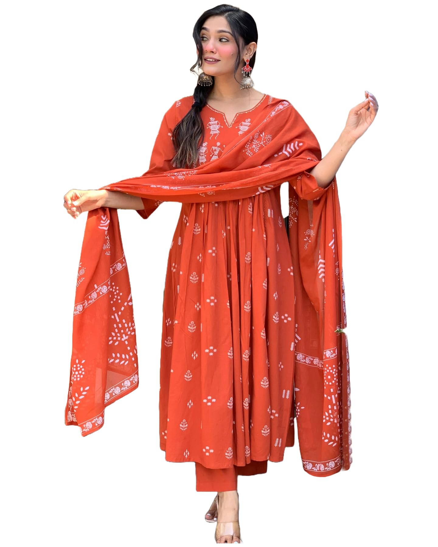 Gosriki Women'S Rayon Viscose Anarkali Printed Kurta With Pant & Dupatta (Etasha Orange-Gs_S_Orange_Small)