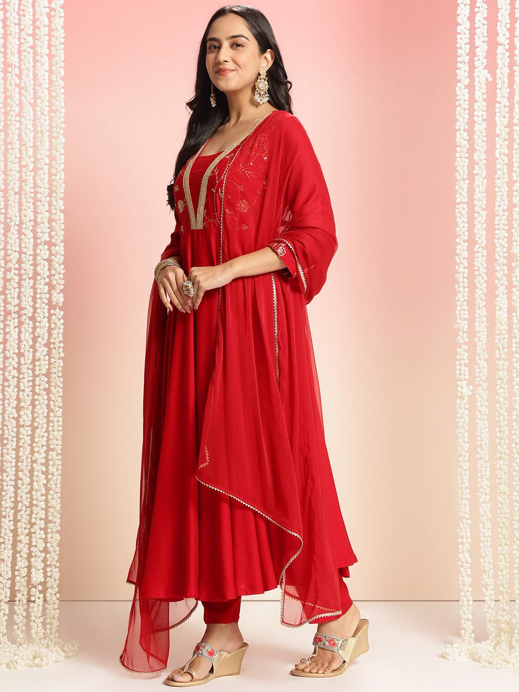 ANNI DESIGNER Womens Rayon Blend Anarkali Embroidered Kurta with Pant & Dupatta (Bobheli Red_M_Red_Medium)
