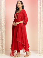 ANNI DESIGNER Womens Rayon Blend Anarkali Embroidered Kurta with Pant & Dupatta (Bobheli Red_XL_Red_X-Large)