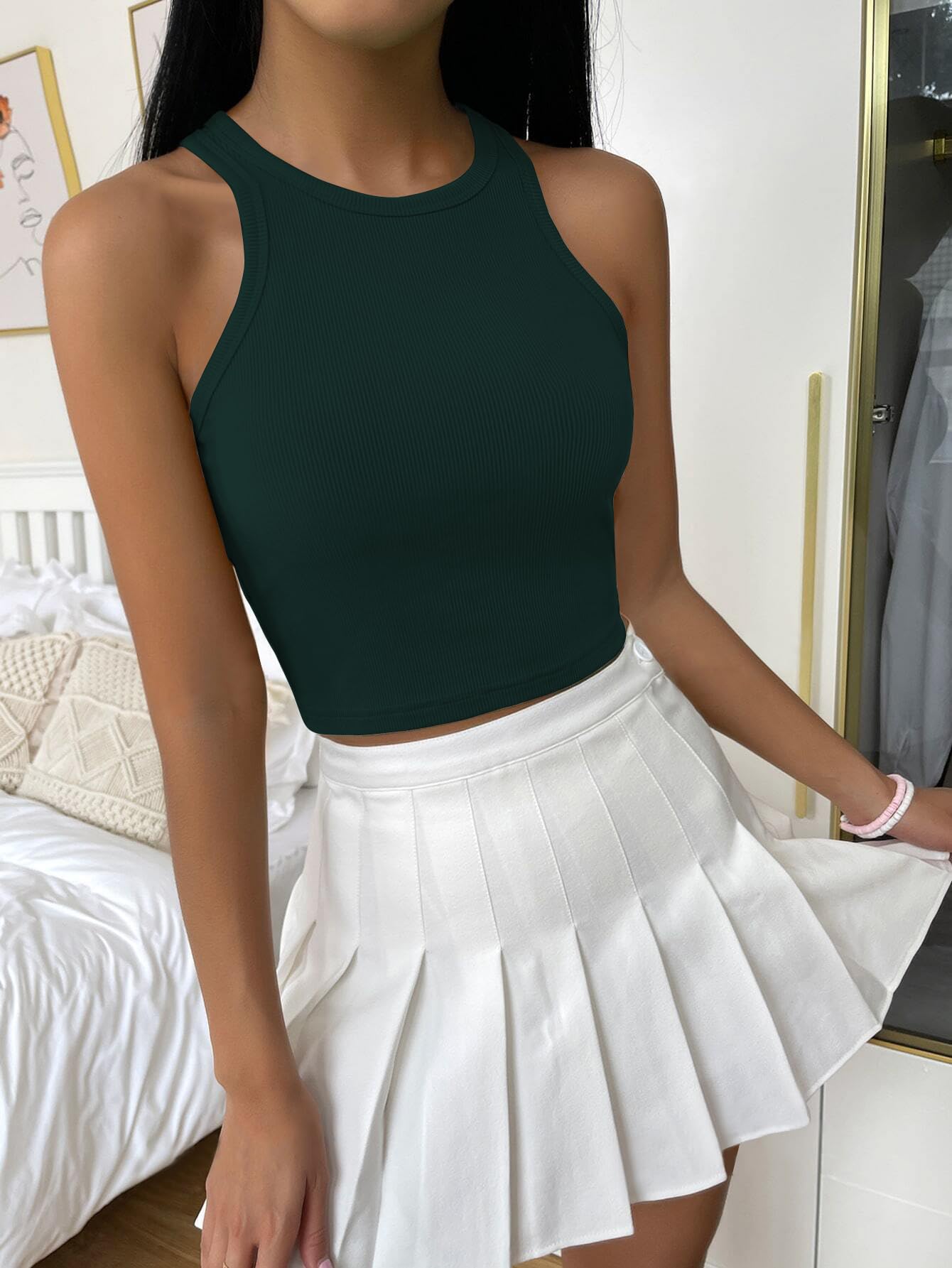 Toochki Top for Women| Crop Short Tops | Spandex | Dark Green | Strachable Tank Style Solid Tunics for Girls