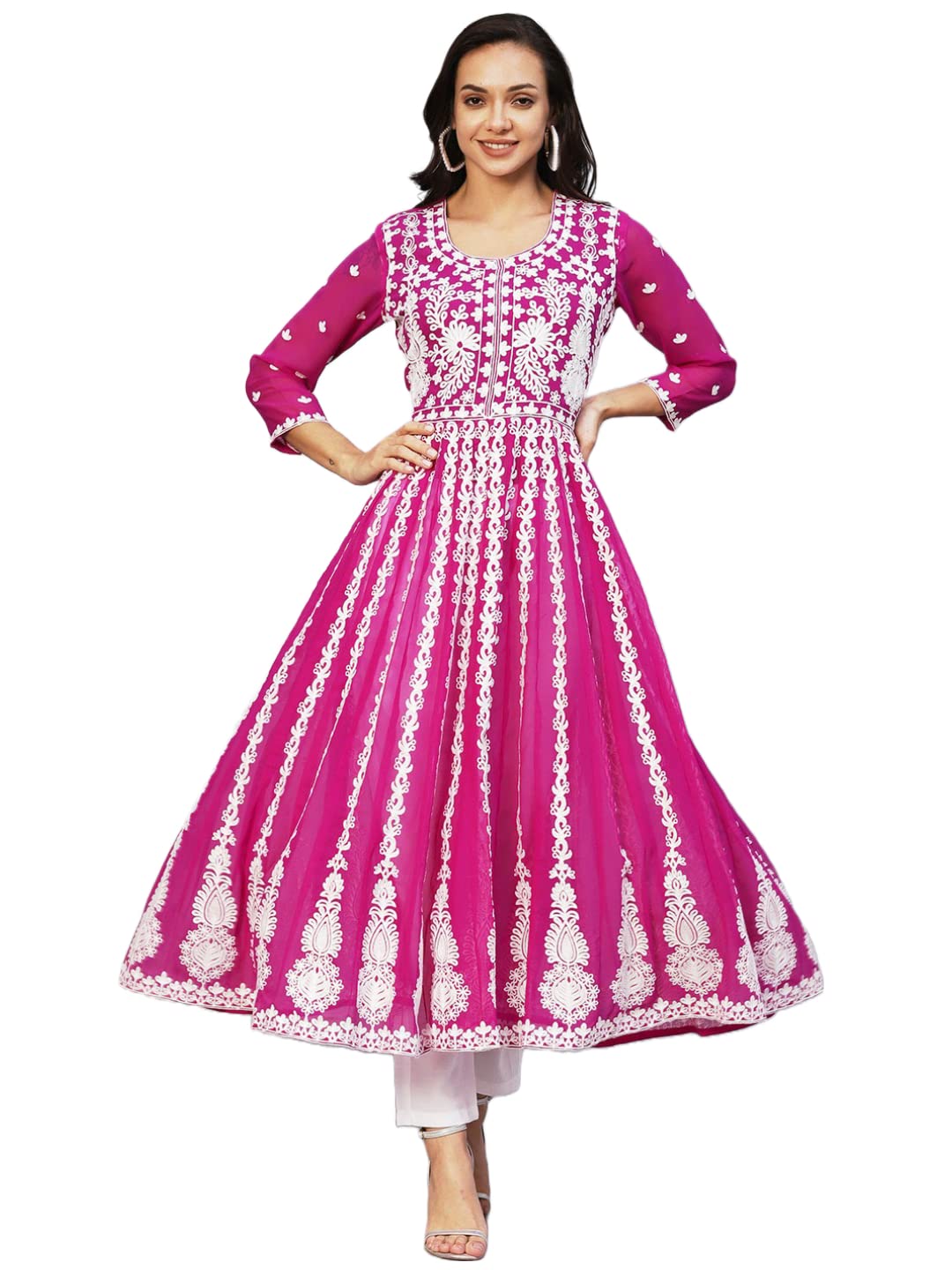 ANNI DESIGNER Womens Georgette Chikankari Embroidered Anarkali Kurti (Kari Pink_M_Dark Pink_Medium)