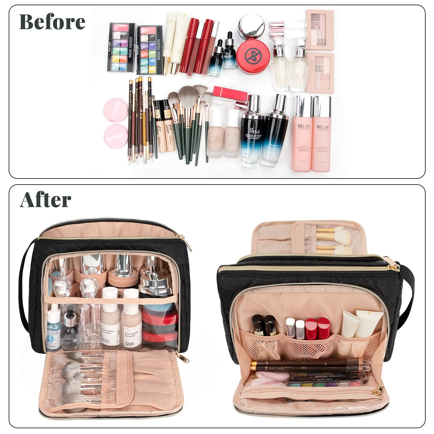 CUBETASTIC Travel Makeup Bag, Large Cosmetic Bag with Makeup Brush Comparment, Portable Make Up Organizer Zipper Pouches for Wom