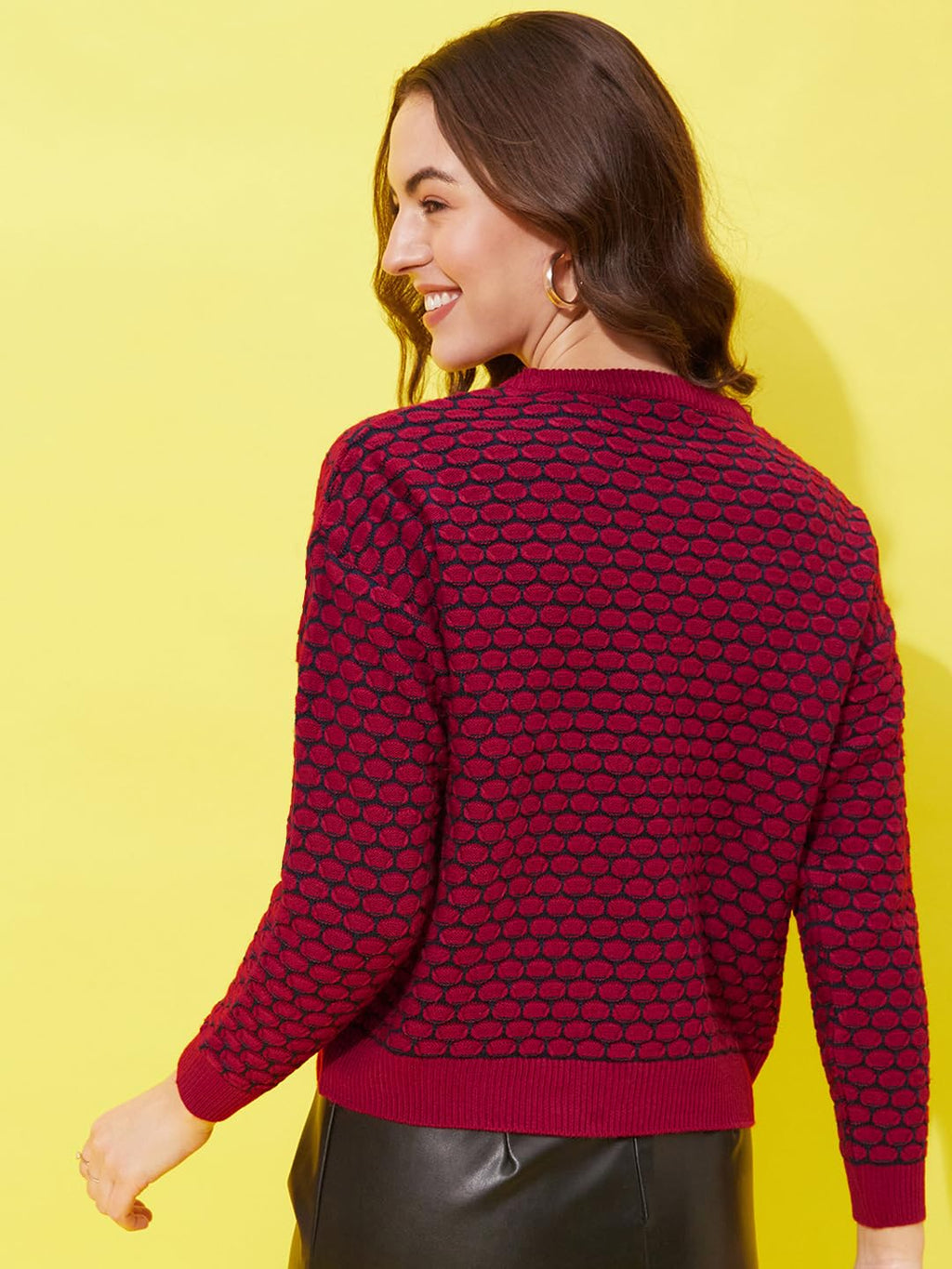 Modeve Self Design Round Neck Casual Women Crop Top Sweater||Winterwear|| Red