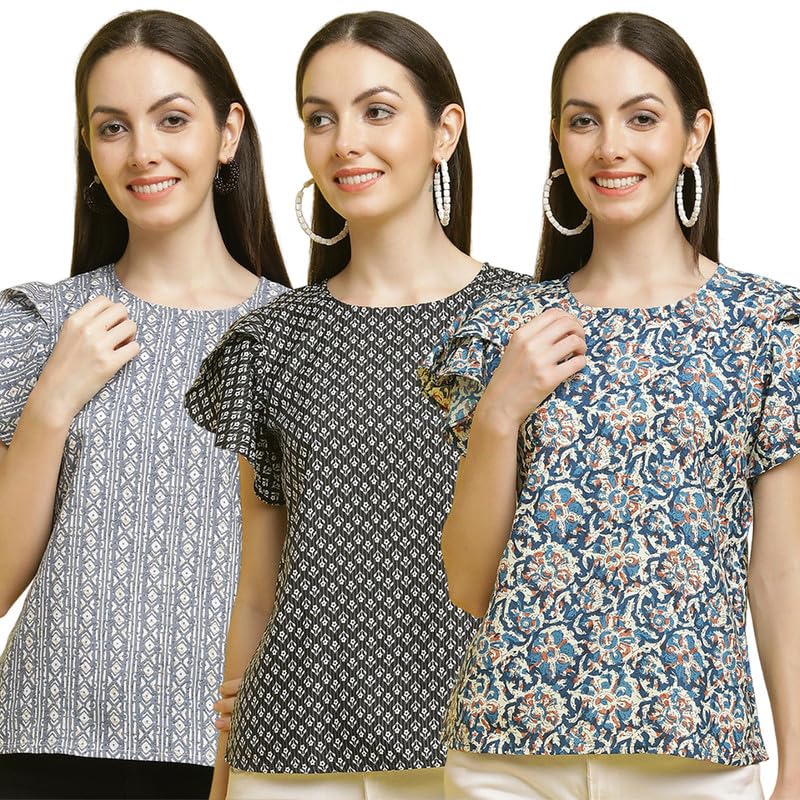 Pinkmint Women Combo Tunic Top for Women ll Fancy Crape Girls Tops ll Regular Fit Casual top (Pack of 3)