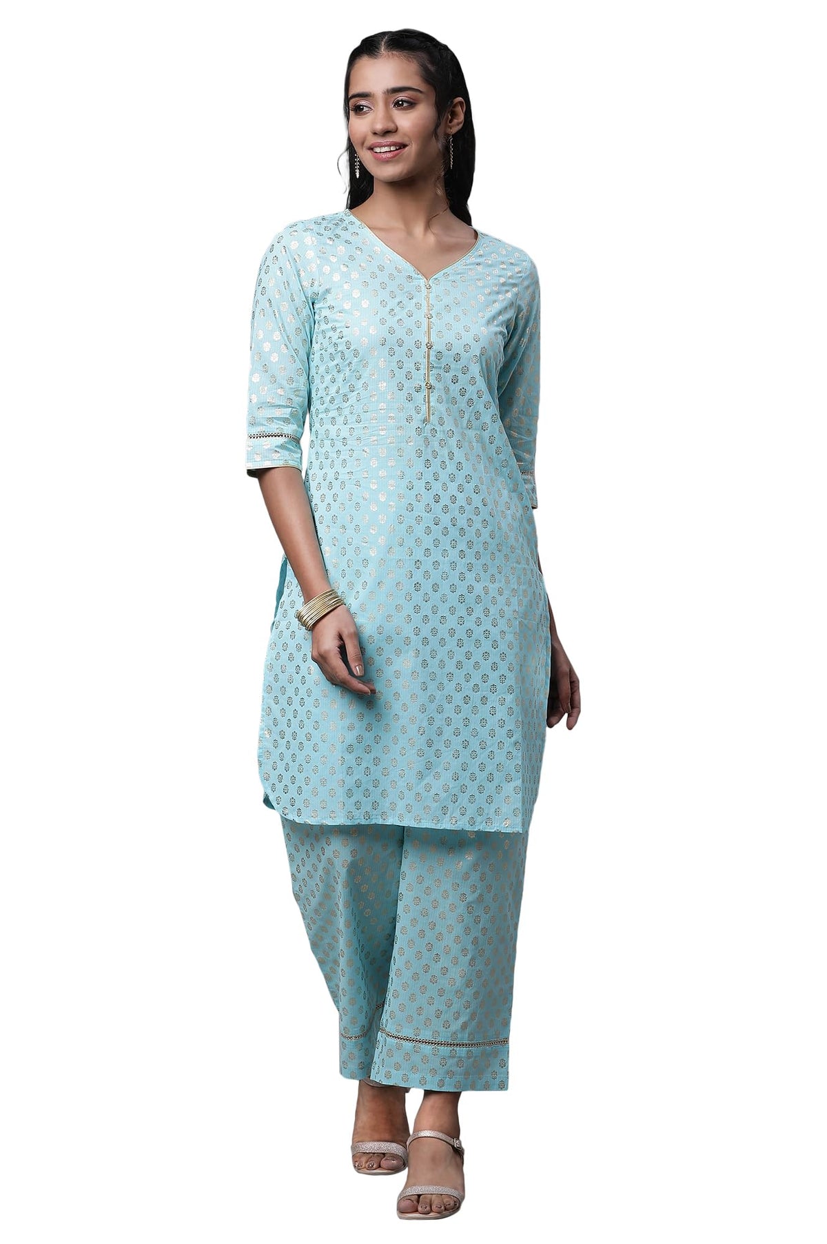 Aurelia WomenS Tanager Torquise Pure Cotton Straight Kurta, Palazzos Suit Set_23Auas14756-507582_L