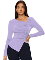 Shasmi Womens & Girls Peach Long Sleeve Asymmetrical Neck Solid Color Ruched Front Asymmetrical Hem Tee Workwear Fancy Top, T-