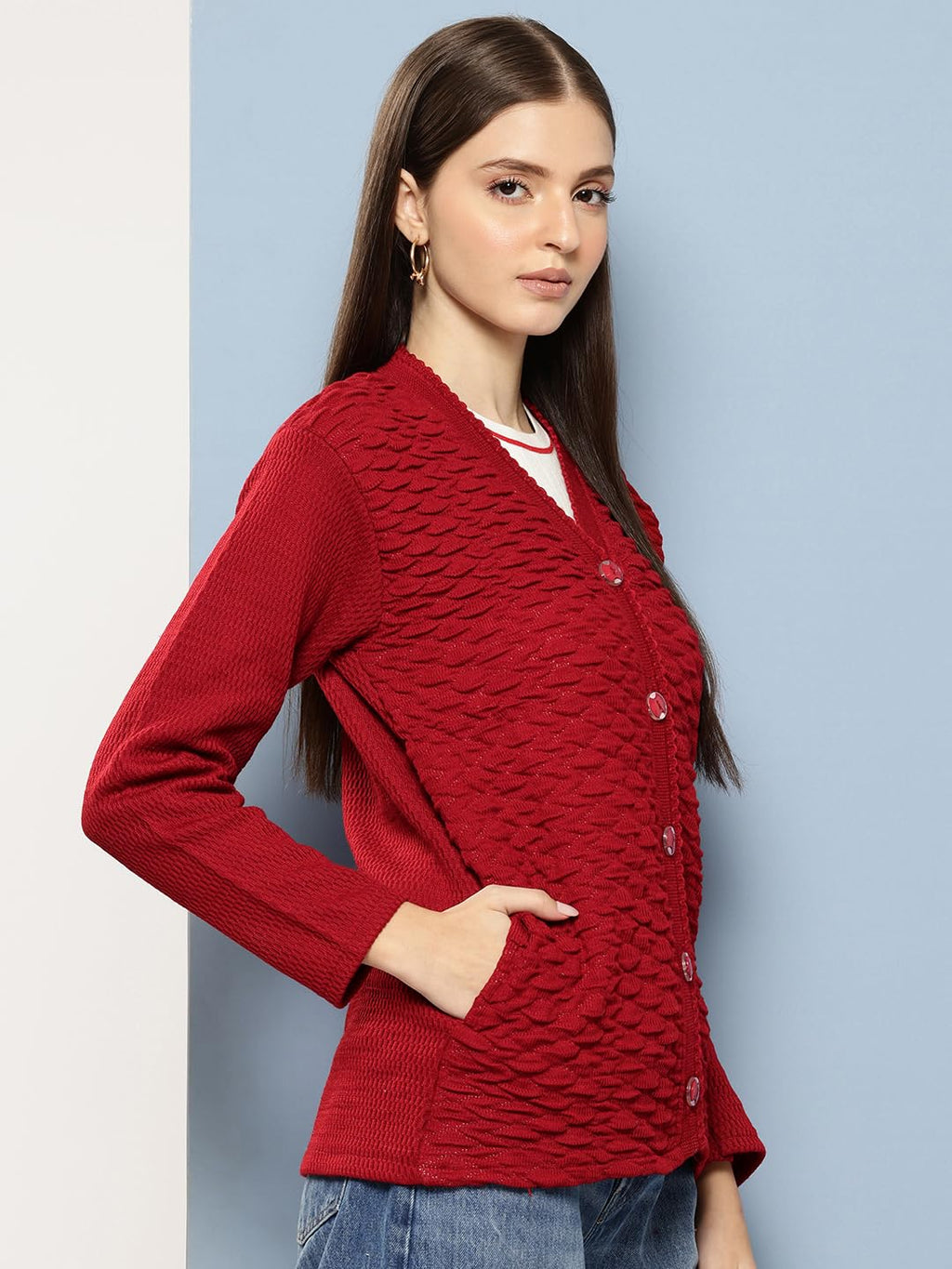 Aarika Womens Casual Wear Red Colour Solid Woolen Cardigan (S-L)