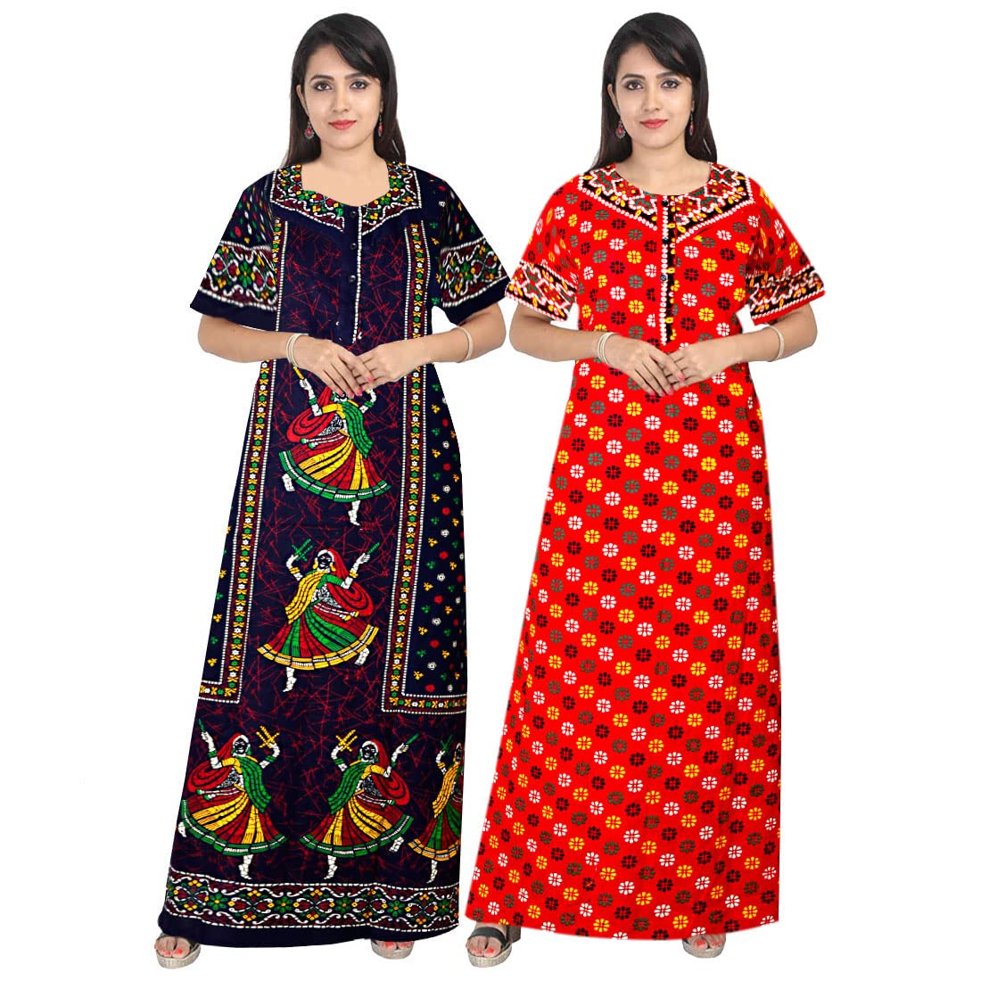 Khushi Print Jaipuri Cotton Printed Maternity Front Zipper Full Length Maxi Nighty Gown (Pack Of 2) Blue,Red