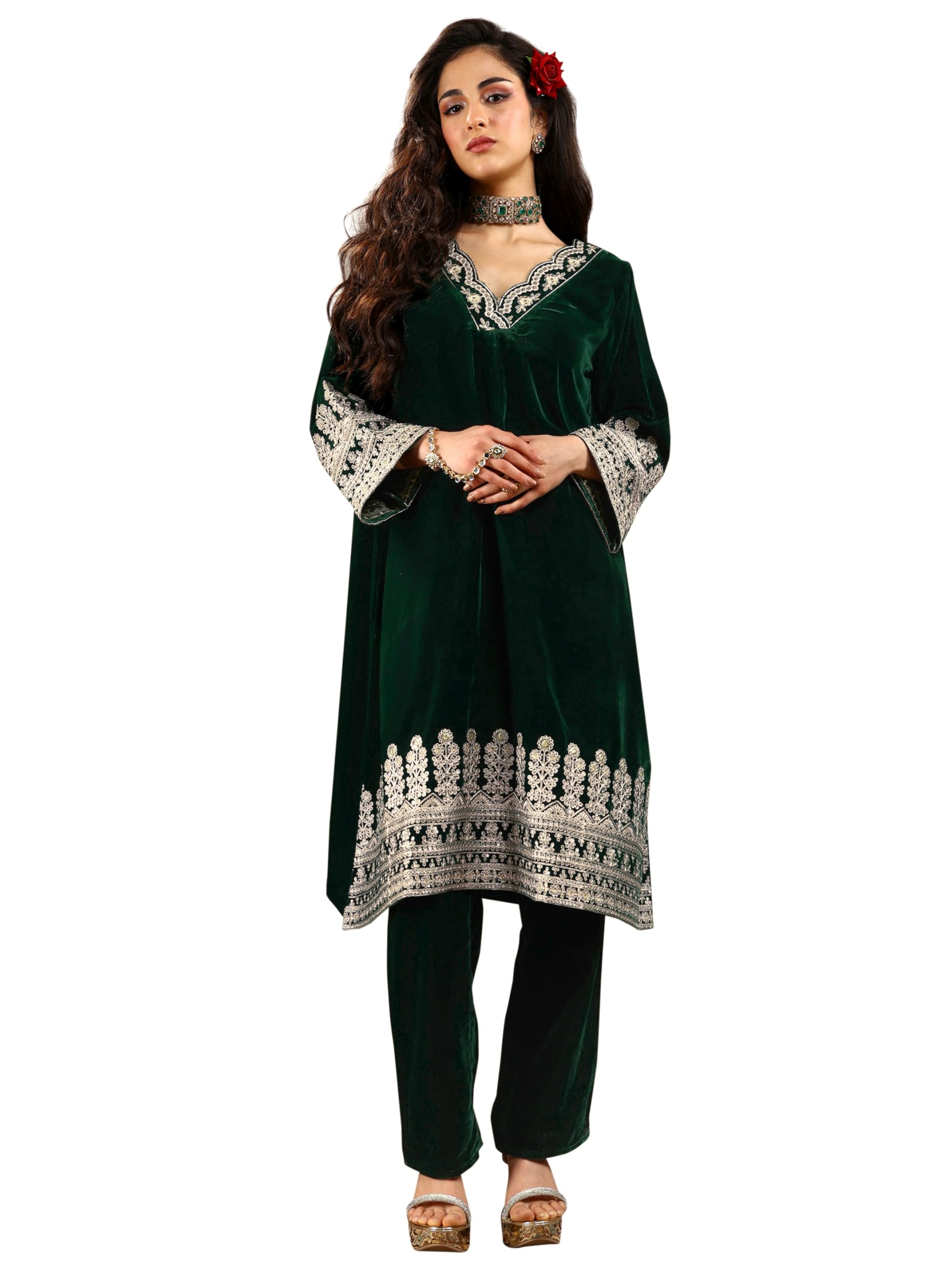 Libas Ethnic Motif Velvet Straight Kurta Set for Women (400853XL)