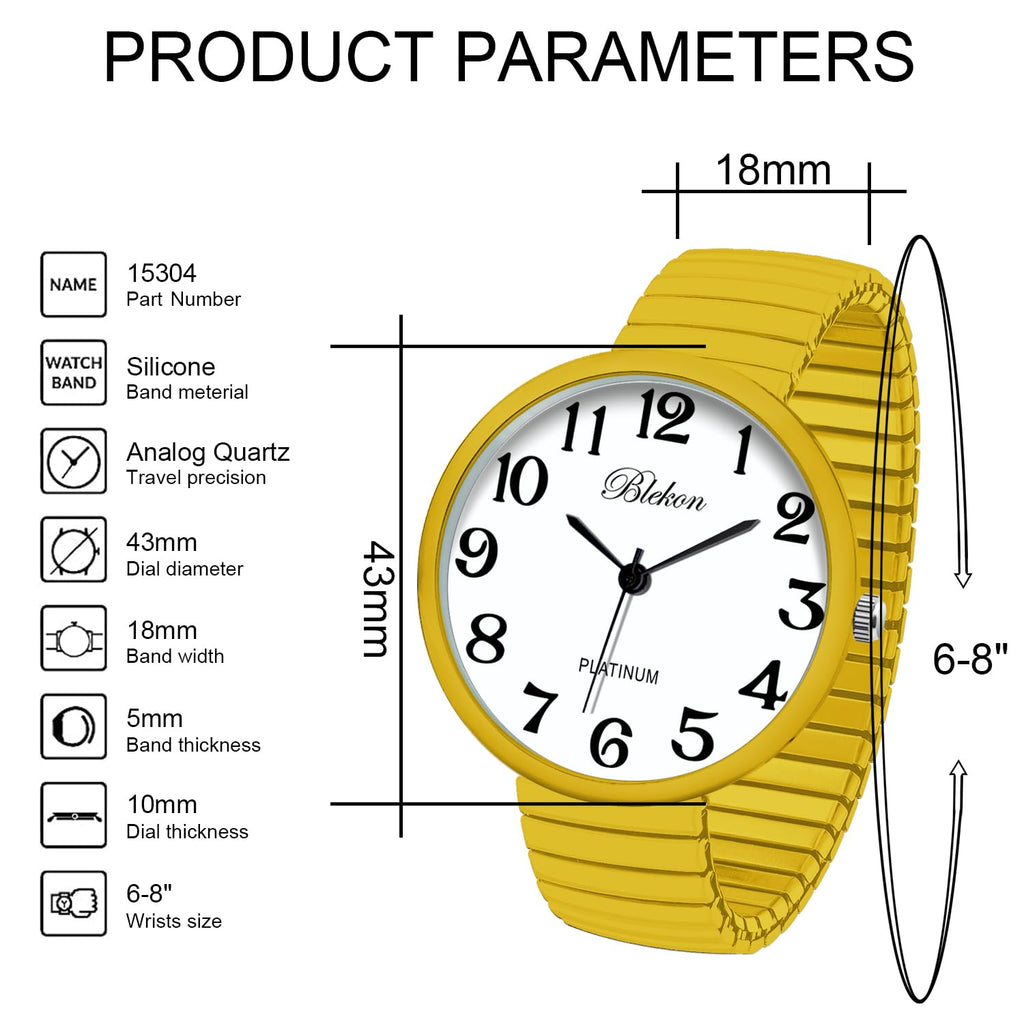 Blekon Collections New Super Large Face Stretch Band Japanese Movement PC21J Fashion Watch (Yellow)