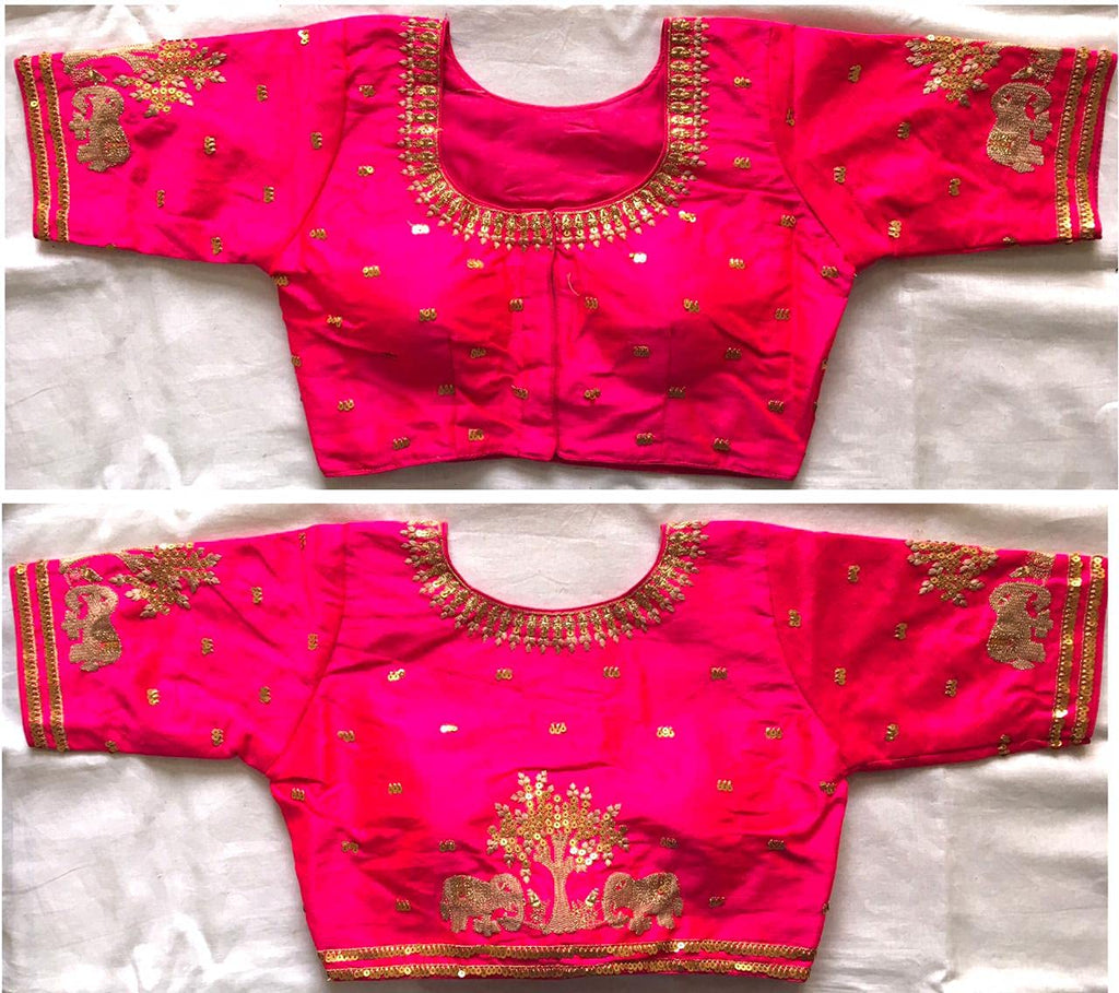 Pujia Mills WomenS Multicolor Phantom Silk Heavy Elephant Gold Thread Embroidery Sequins Zari Work Half Sleeves Readymade Saree