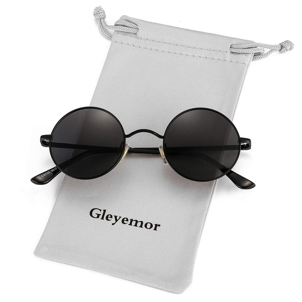 Gleyemor Polarized Round Sunglasses for Men Women Hippie Small Circle Glasses Red Yellow Lenses (Black/Grey)