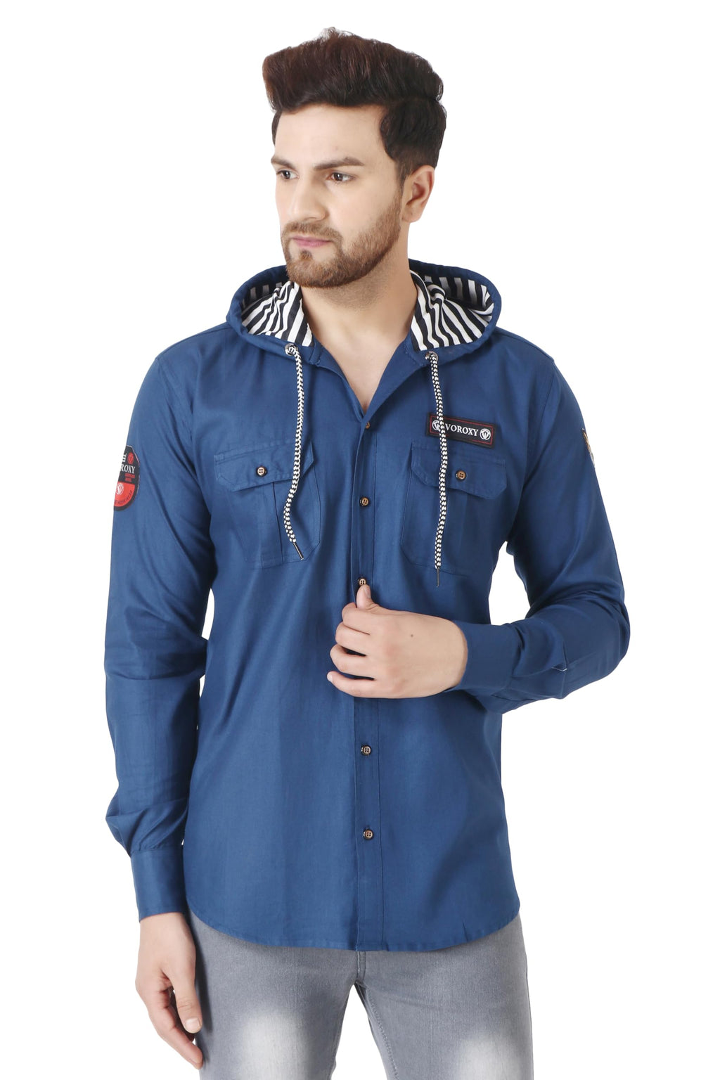 Besix MenS Blue Tailored Fit Cotton Blend Shirt For Man With Hoodie - Casual Long Sleeve Shirt With Pockets - Patch Detail For 