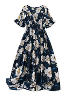 Shasmi Womens & Girls N Blue Floral Print V-Neck Waist-Cinched Dress For Women Midi | One Piece Dress For Women | Beach Dress Fo