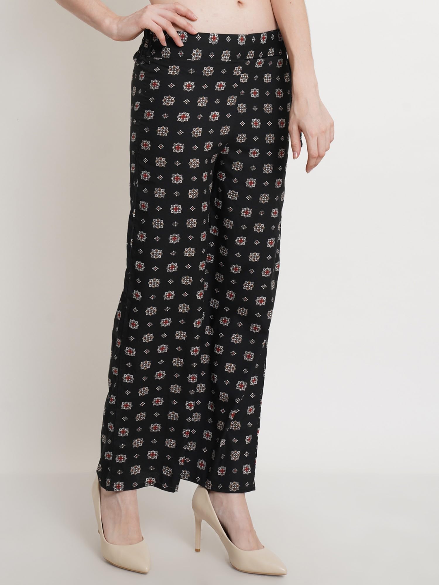 Popwings Casual Black Floral Box Printed Regular Fit Palazzo For Women Palazzos For Women