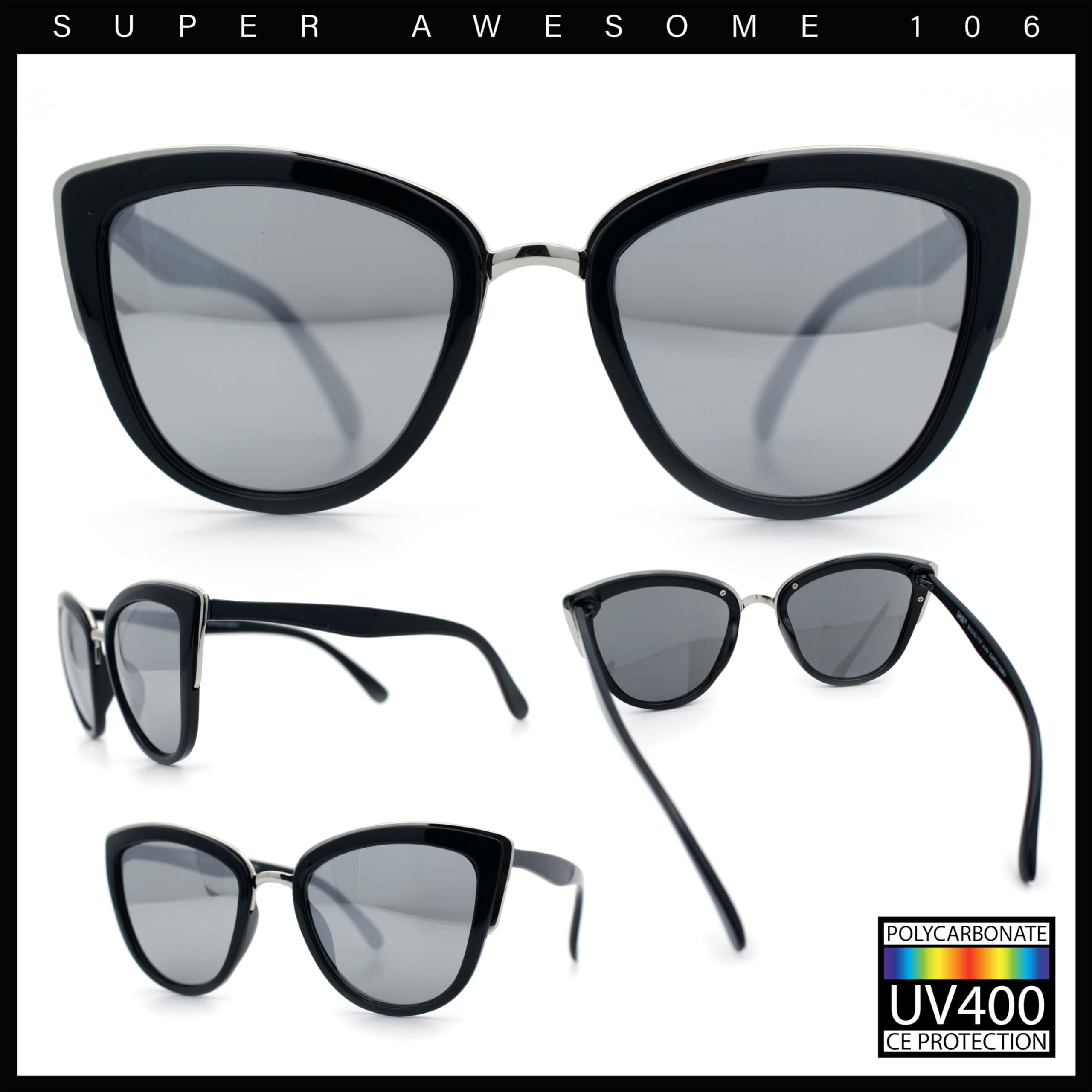 SA106 Womens Color Mirror Mirrored Lens Oversize Cat Eye Sunglasses Matte Black Silver Mirror