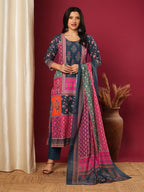 ANNI DESIGNER Women s Rayon Viscose Print Straight Kurta with Pants & Dupatta, Multicolored, L