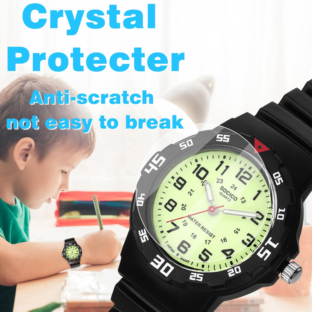 SOCICO Children Analog Watch Waterproof Time Teaching Boys Girls Watch Soft Band Learning Time Wrist Watch for Kids (Black - Flu