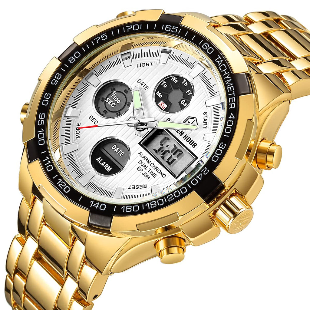 GOLDEN HOUR Luxury Stainless Steel Analog Digital Watches for Men Male Outdoor Sport Waterproof Big Heavy Wristwatch (Gold White