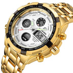 GOLDEN HOUR Luxury Stainless Steel Analog Digital Watches for Men Male Outdoor Sport Waterproof Big Heavy Wristwatch (Gold White