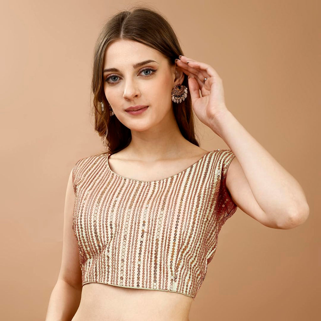 Pujia Mills WomenS Sequin Embroidered U Neck Sleeveless Readymade Saree Blouse Indian Ethnic Designer Stitched WomenS Cream Bl
