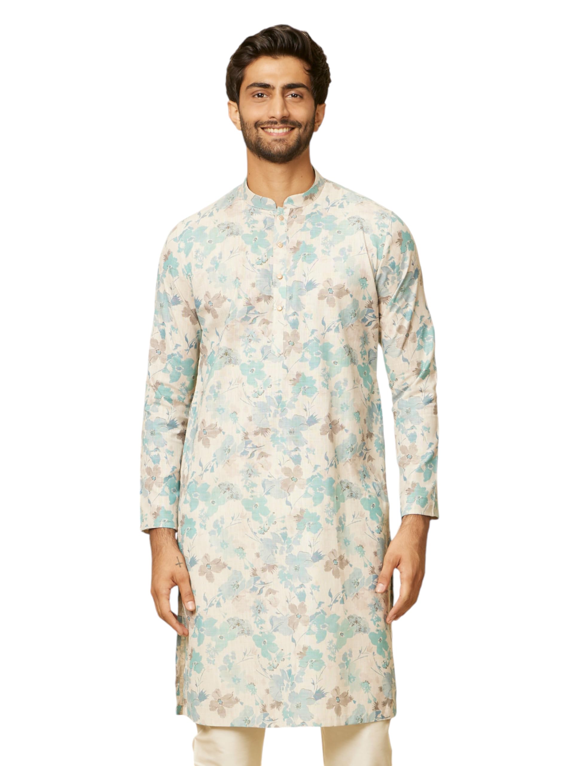 Manyavar MenS Aqua Green Floral Printed Kurta (Xxl)