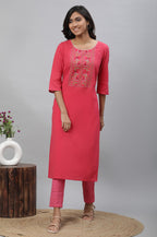 Aurelia Pink Floral Printed Printed Cotton Rayon Straight Long Kurta