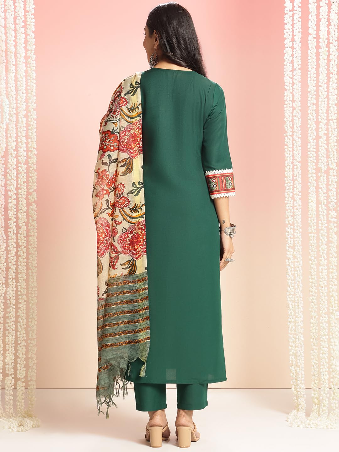 ANNI DESIGNER Womens Rayon Viscose Floral Straight Kurta with Pant & Dupatta (Dhar-CLRS-RB_Green_XX-Large)
