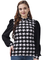 POPWINGS Casual Printed Solid Top for Women || Long Puff-Sleeves Women Top || Round-Neck Top for Women || Stylish Latest Western