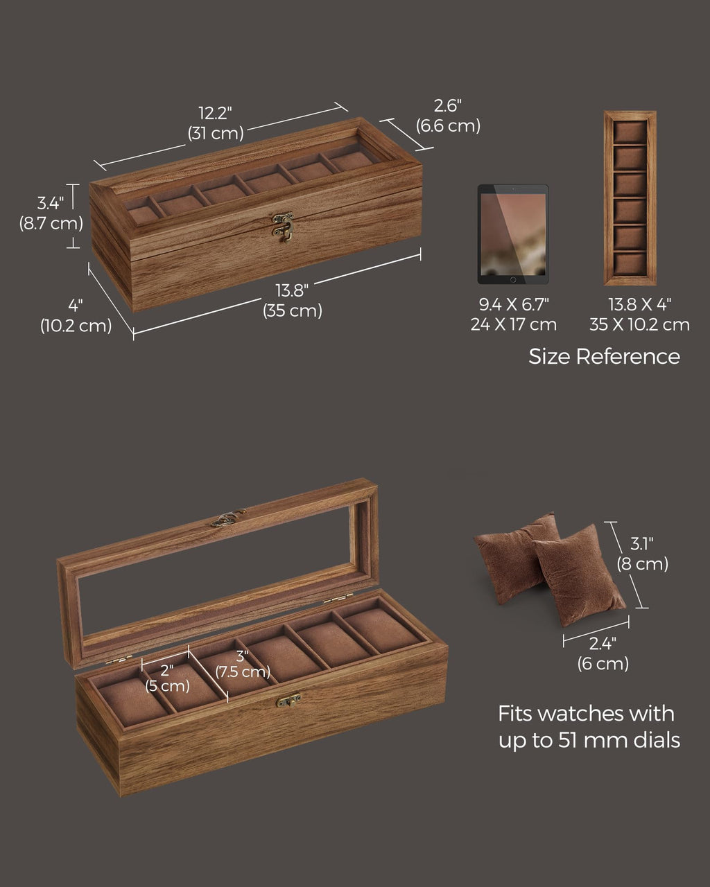 SONGMICS Watch Box, 6-Slot Watch Case, Solid Wood Watch Box Organizer with Glass Lid, Rustic Walnut UJOW006K01