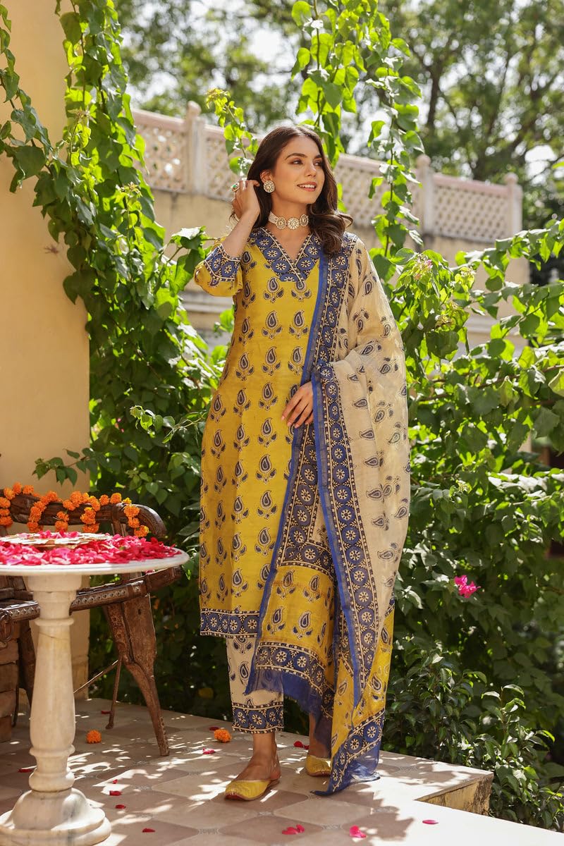 ANNI DESIGNER Women s Rayon Blend Kurta with Pants and Dupatta, Mustard, L
