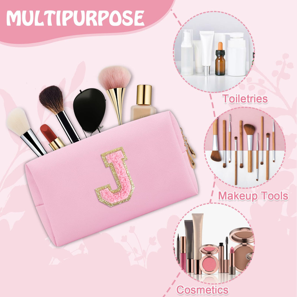 Personalized Preppy Small Travel Makeup Bag, Initial Chenille Letter Pink Makeup Bag Cosmetic Pouch Toiletry Organizer, PU Leath