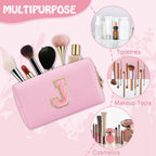Personalized Preppy Small Travel Makeup Bag, Initial Chenille Letter Pink Makeup Bag Cosmetic Pouch Toiletry Organizer, PU Leath