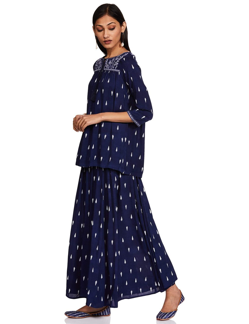 W For Woman Women Rayon Viscose Blue Printed Round Neck Top Set