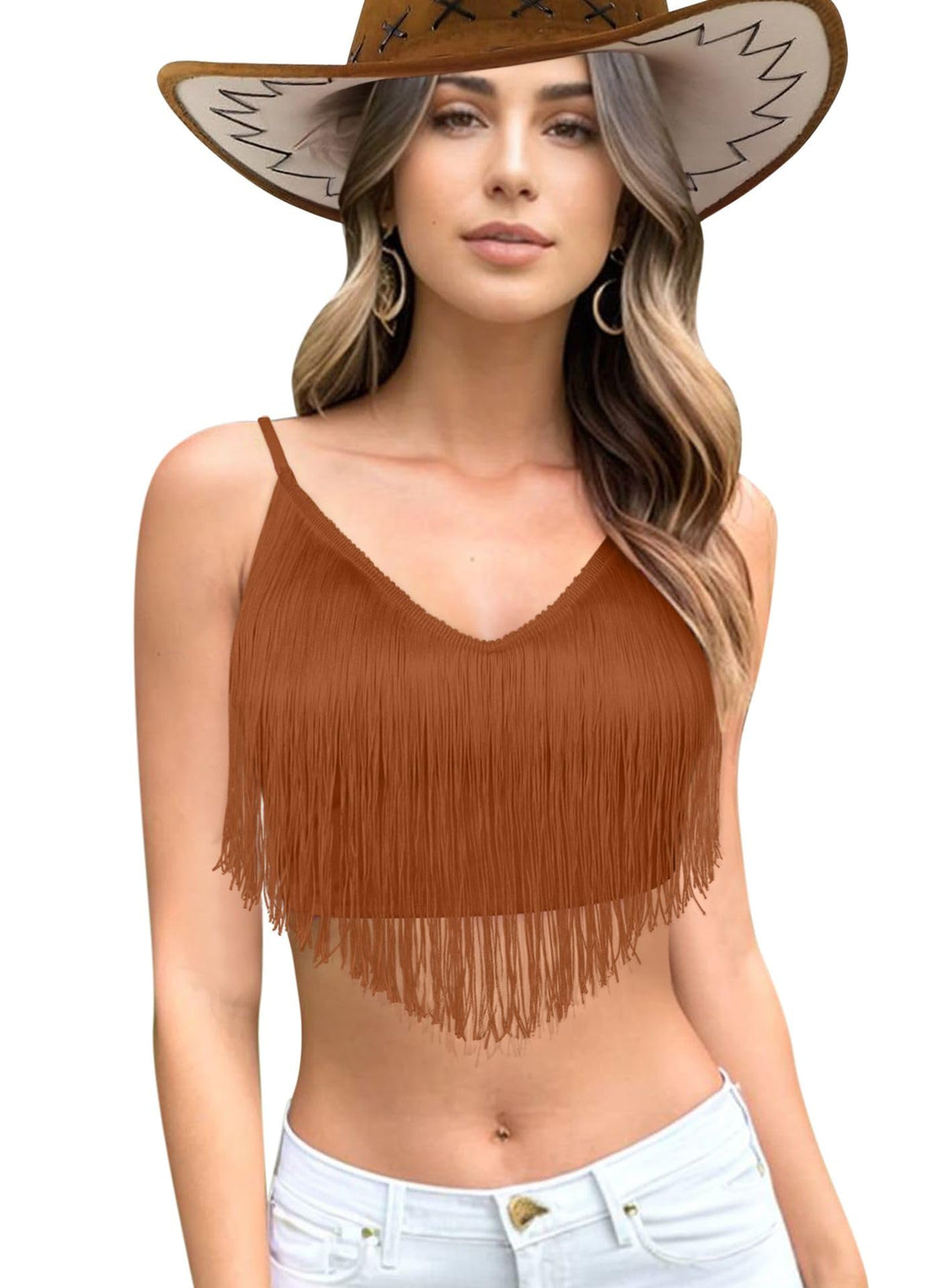 Womens Fringe Western Cowgirl Crop Top  Country Concert Outfit Tassel Hem Tank Nashville Festival Rodeo Shirt, Brown, XSmall