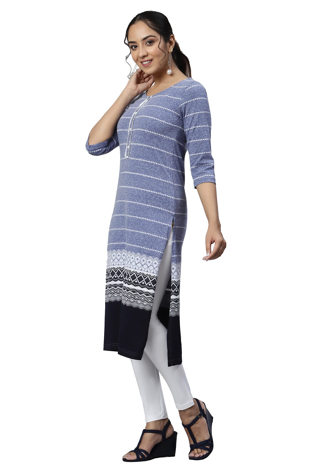 Aurelia Women Blue Cotton Blend Geometric Jacquard Straight Kurta