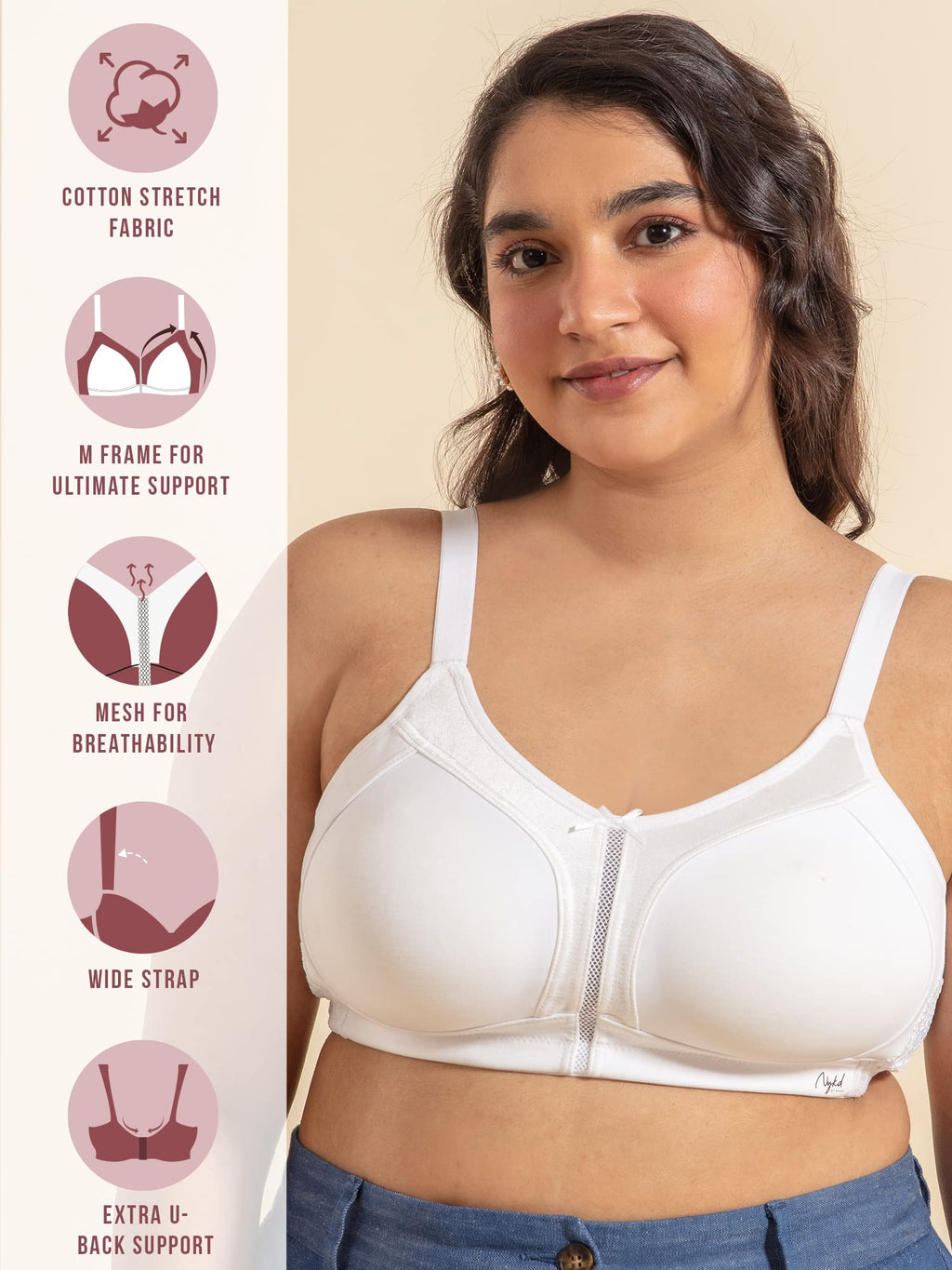 NYKD (NYB101 Cotton Non Padded & Non Wired Everyday Bra for Women | M-Frame Structure for Bounce Control with Full Coverage & Su
