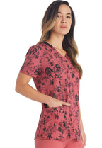 Dickies EDS Women Scrubs Top V-Neck Print DK876, XXS, Grunge N Roses
