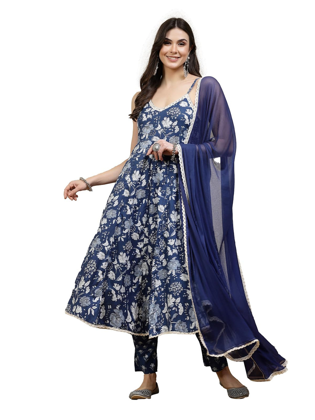 Stylum Women'S Bandhej Printed Rayon Anarkali Kurta Pant Dupatta Set (Kpdbluefalak36_Royal Blue, S)