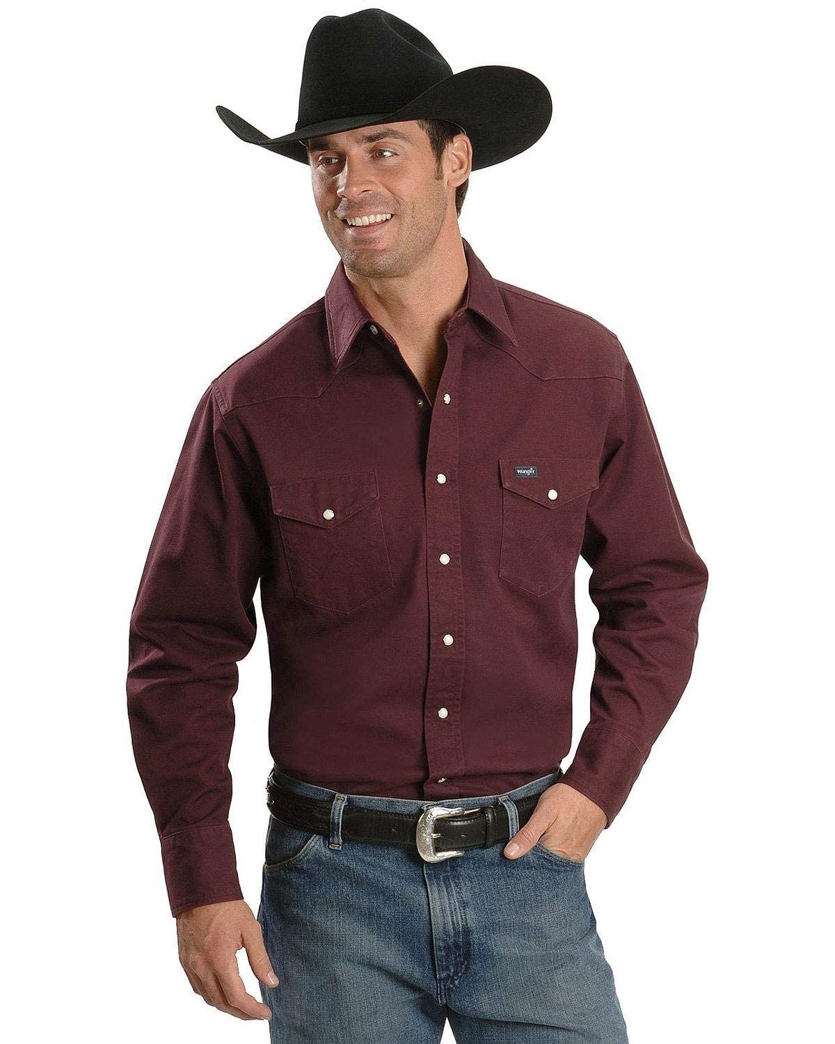 Wrangler Mens Cowboy Cut Western Two Pocket Long Sleeve Snap Work Shirt - Firm Finish - B&T,Red Oxide,3X