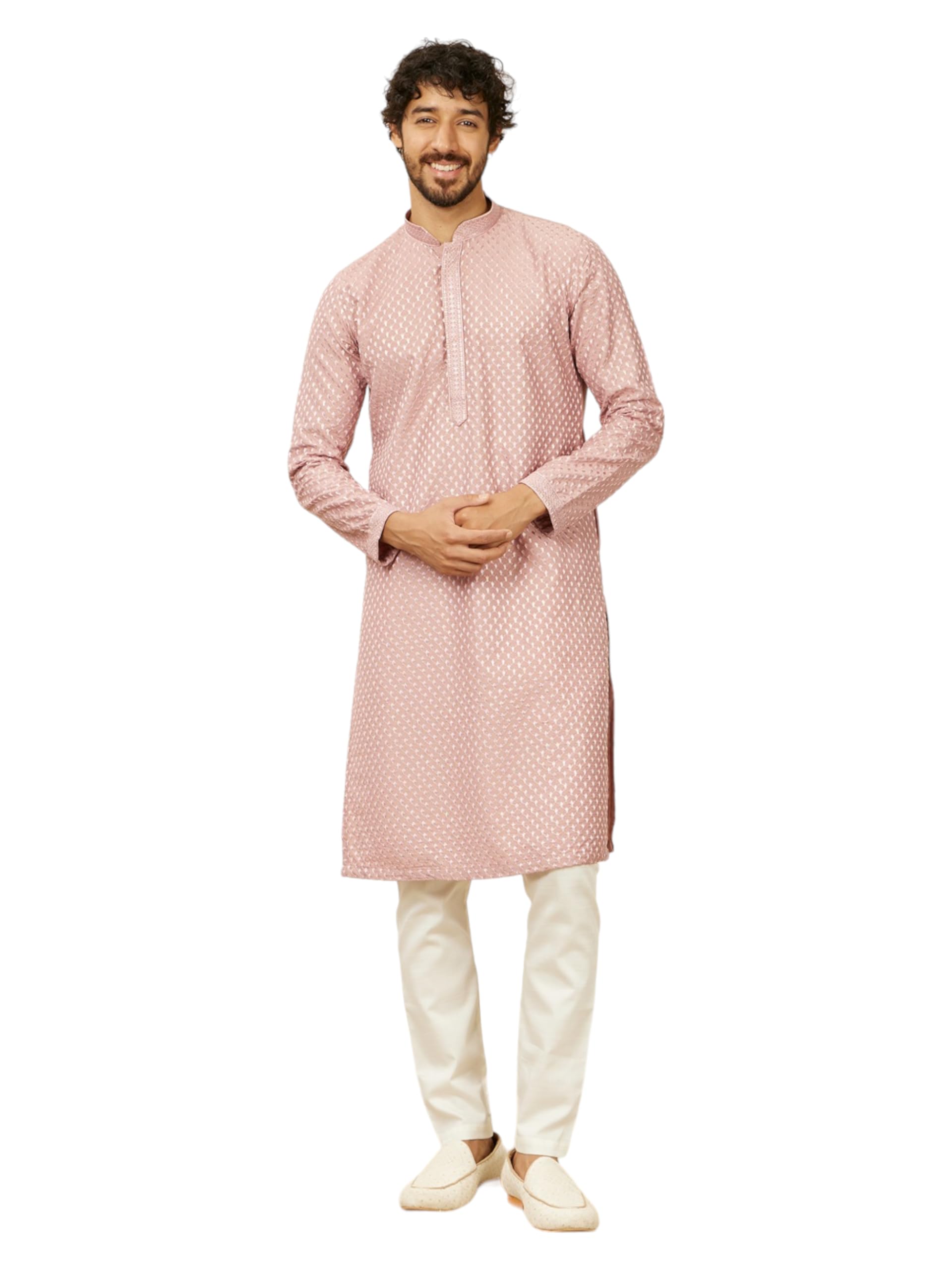 Manyavar Dusty Pink Art Silk Embroidery|Sequin Work Kurta Pyjama Set For Men