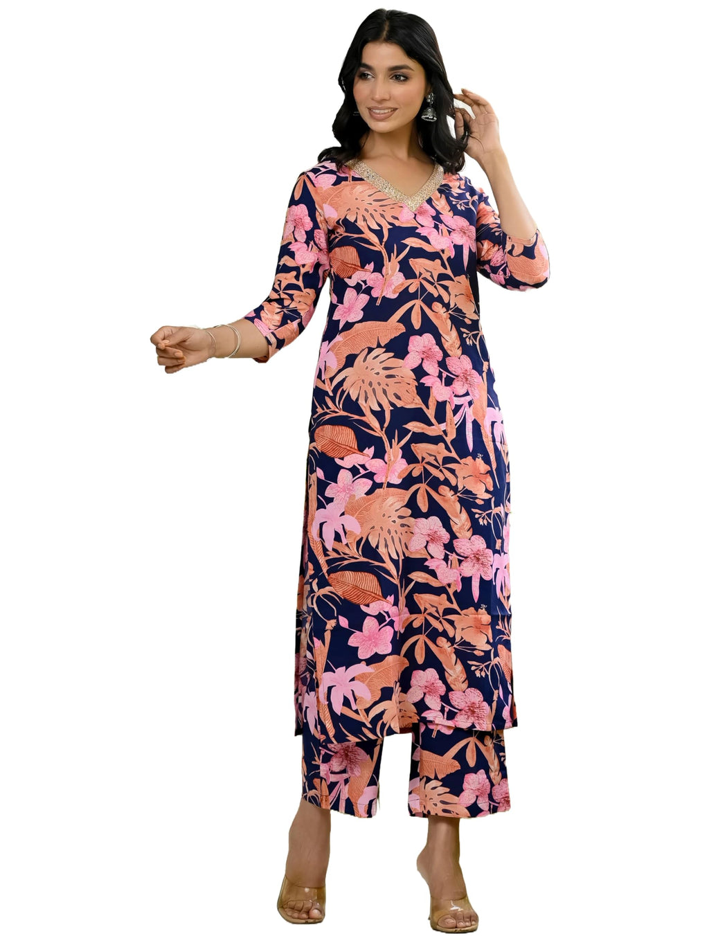 ANNI DESIGNER Womens Cotton Blend Straight Printed Kurta with Palazzo (Chinki Navy_L_Navy_Large)