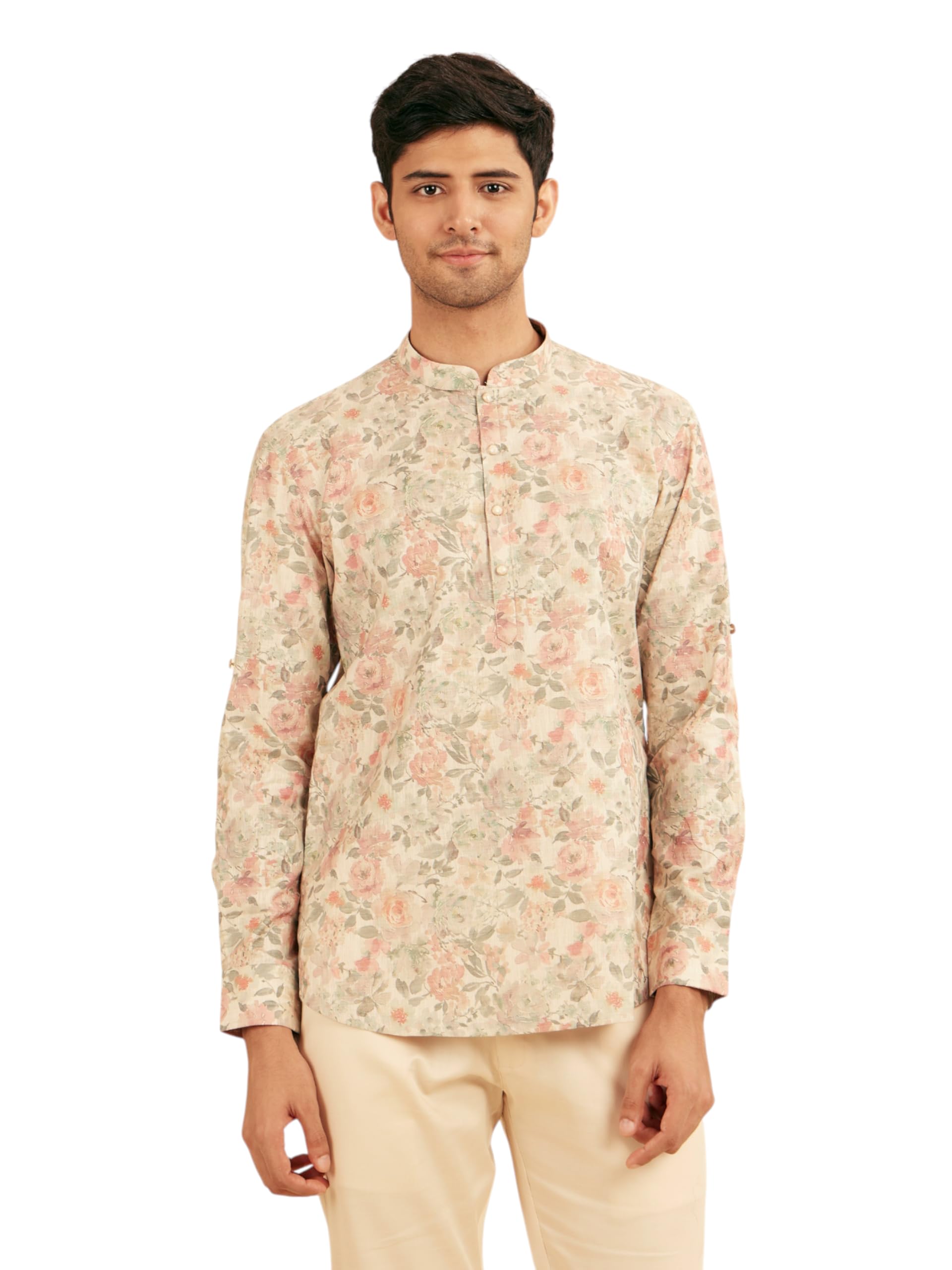 Manyavar Mens Cotton Blend Floral Prints Casual Short Kurta (Peach,M)