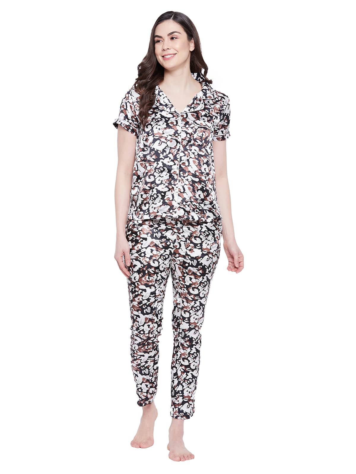 Clovia Womens Printed Button Down Shirt & Pyjama Set (NS0597F13_Black_S)