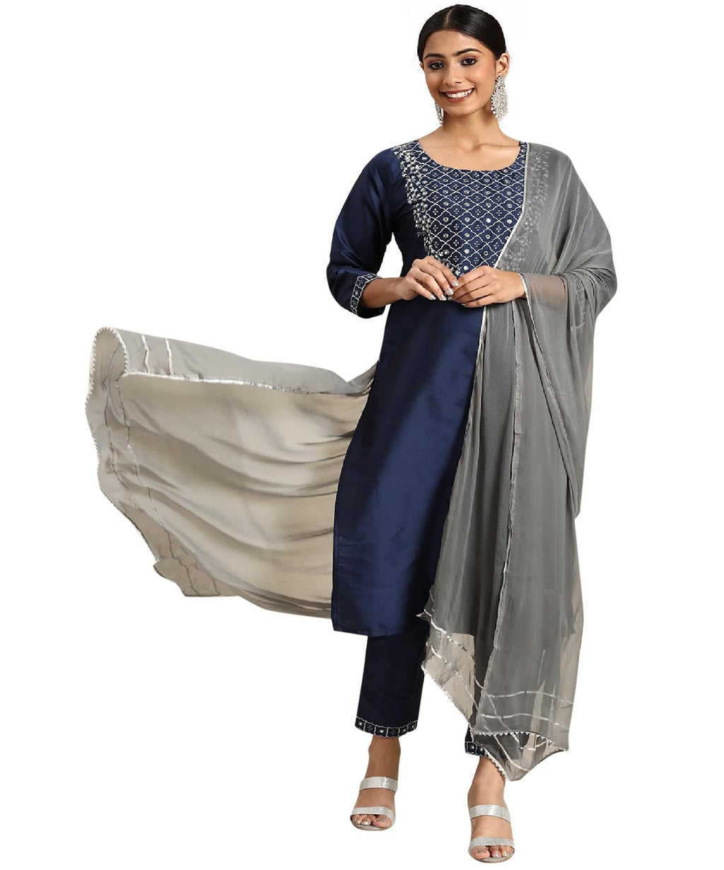 Lookmark Womens Art Silk Kurta And Pant Set With Dupatta Navy Blue-Grey