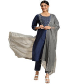 Lookmark Womens Art Silk Kurta And Pant Set With Dupatta Navy Blue-Grey